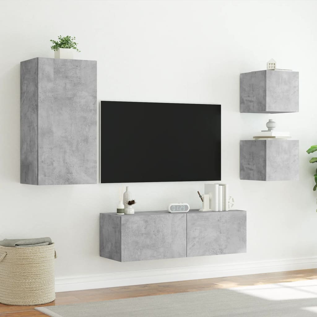 Mobili TV a Muro 4pz con Luci LED Grigio Cemento - homemem39