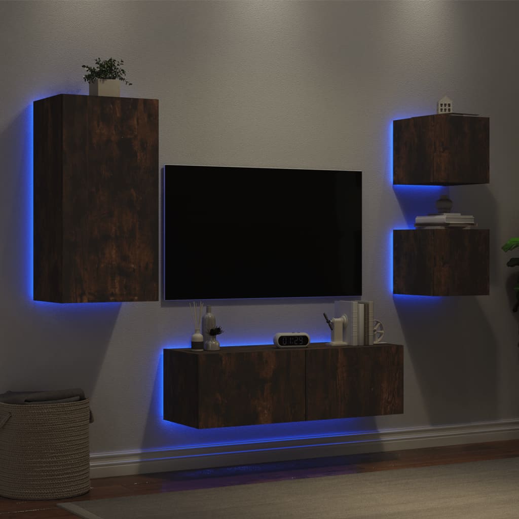 Mobili TV a Muro 4pz con Luci LED Rovere Fumo - homemem39