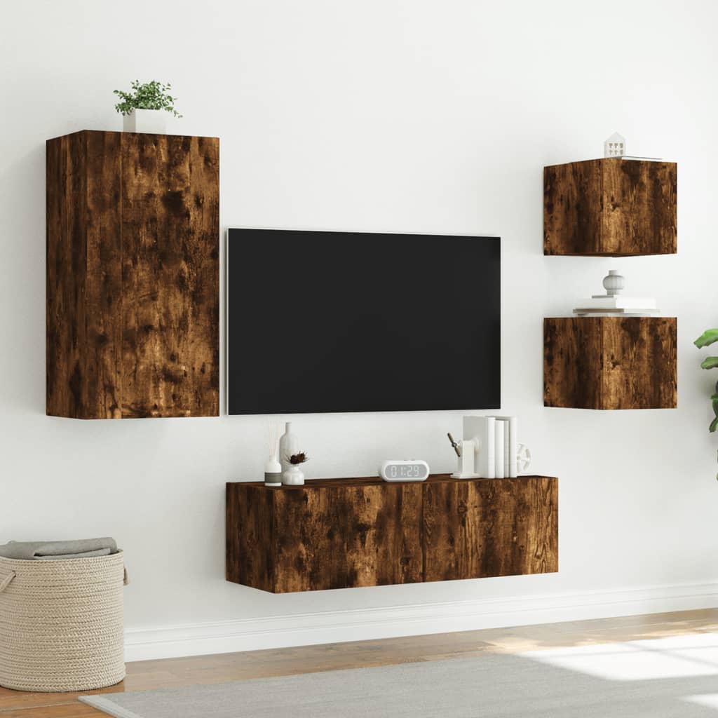 Mobili TV a Muro 4pz con Luci LED Rovere Fumo - homemem39