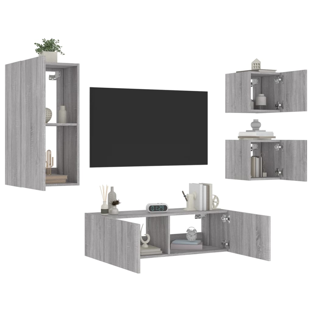 Mobili TV a Muro 4pz con Luci LED Grigio Sonoma - homemem39