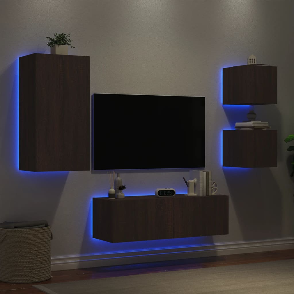 Mobili TV a Muro 4pz con Luci LED Rovere Marrone - homemem39