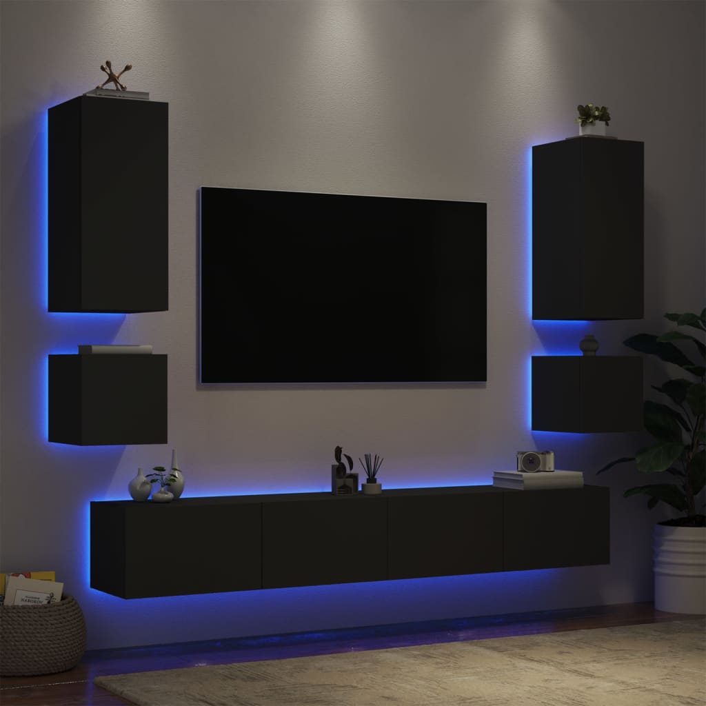 Mobili TV a Muro 6pz con Luci LED Neri - homemem39