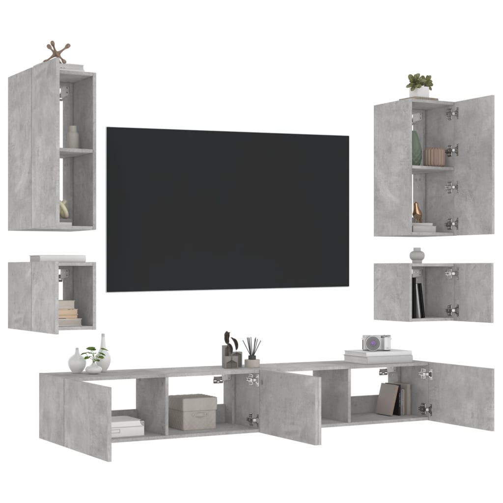 Mobili TV a Muro 6pz con Luci LED Grigio Cemento - homemem39