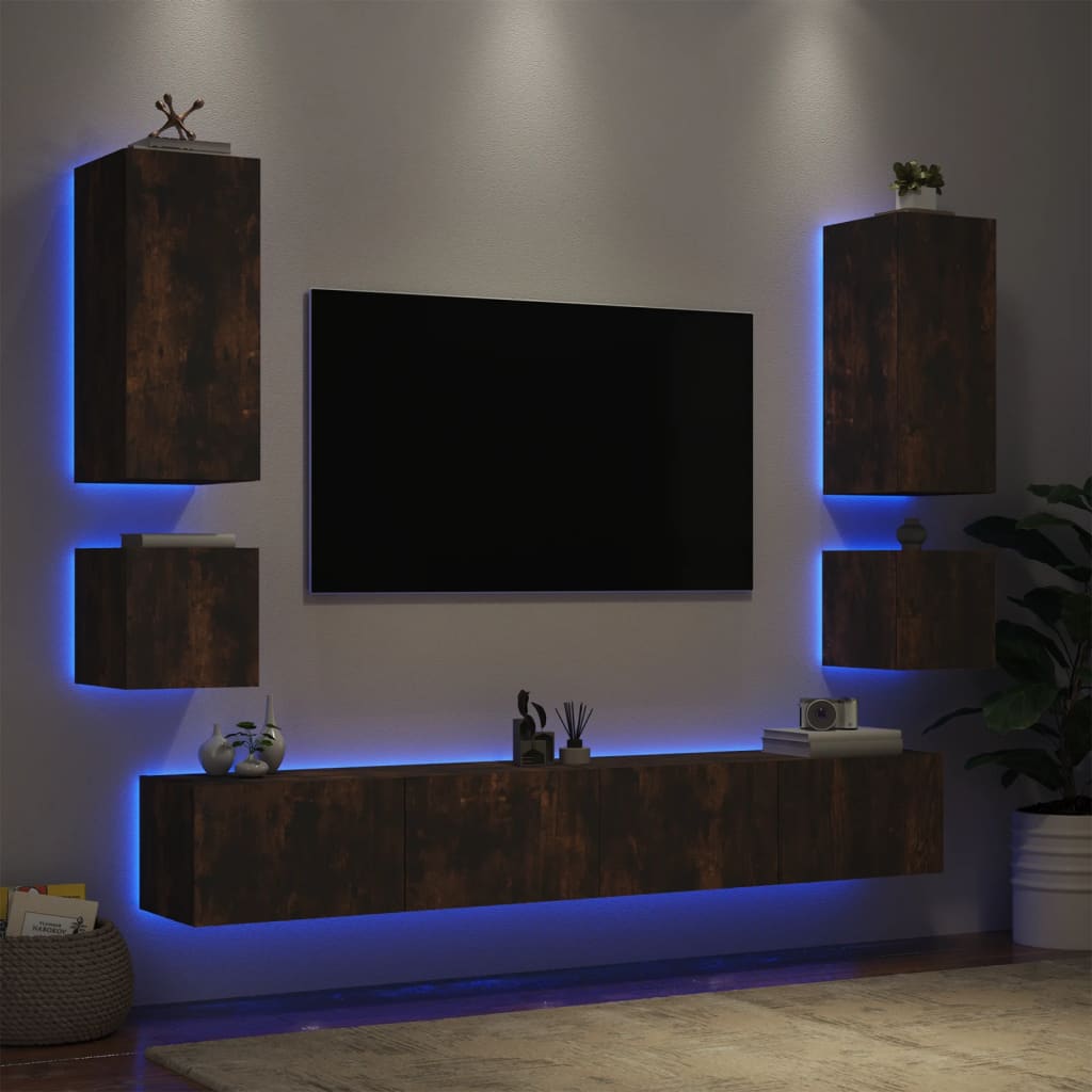 Mobili TV a Muro 6pz con Luci LED Rovere Fumo - homemem39