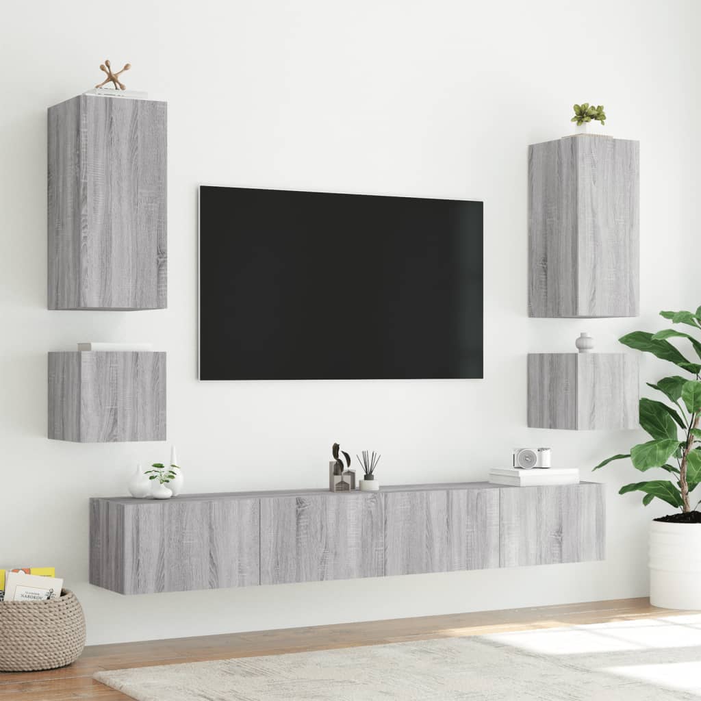 Mobili TV a Muro 6pz con Luci LED Grigio Sonoma - homemem39