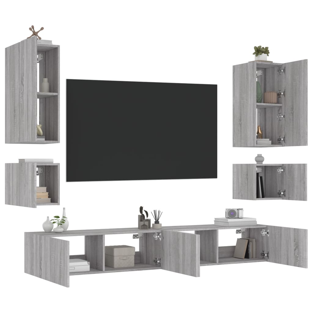 Mobili TV a Muro 6pz con Luci LED Grigio Sonoma - homemem39