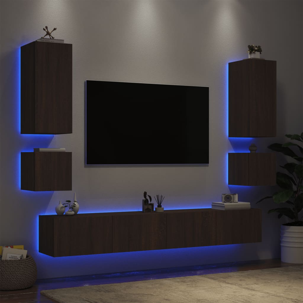 Mobili TV a Muro 6pz con Luci LED Rovere Marrone - homemem39