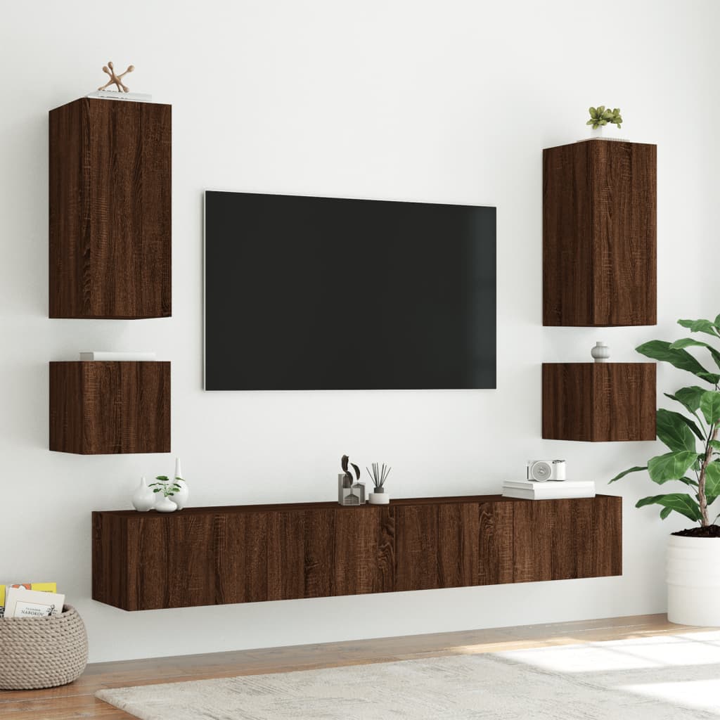 Mobili TV a Muro 6pz con Luci LED Rovere Marrone - homemem39