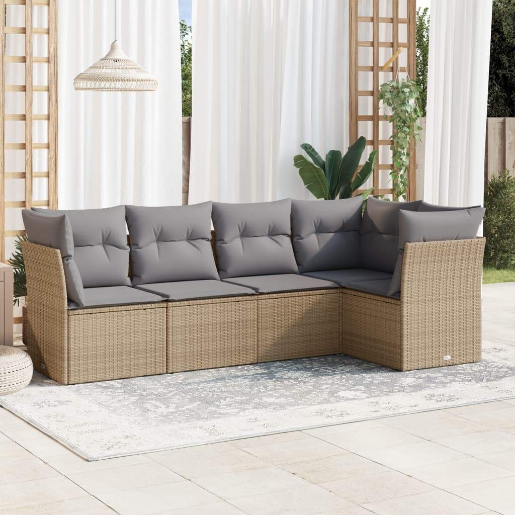 Set Divano da Giardino 5 pz con Cuscini Beige in Polyrattan - homemem39