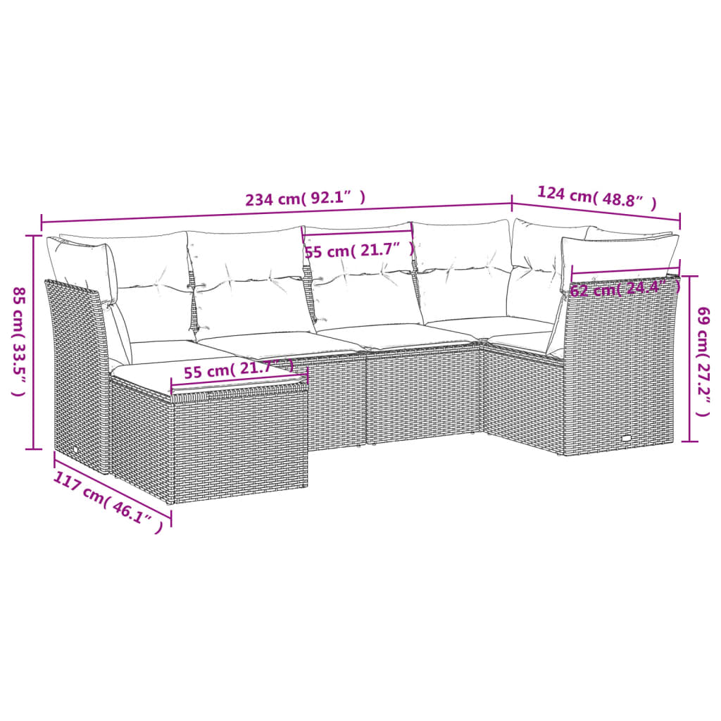 Set Divano da Giardino 6 pz con Cuscini Nero in Polyrattan - homemem39