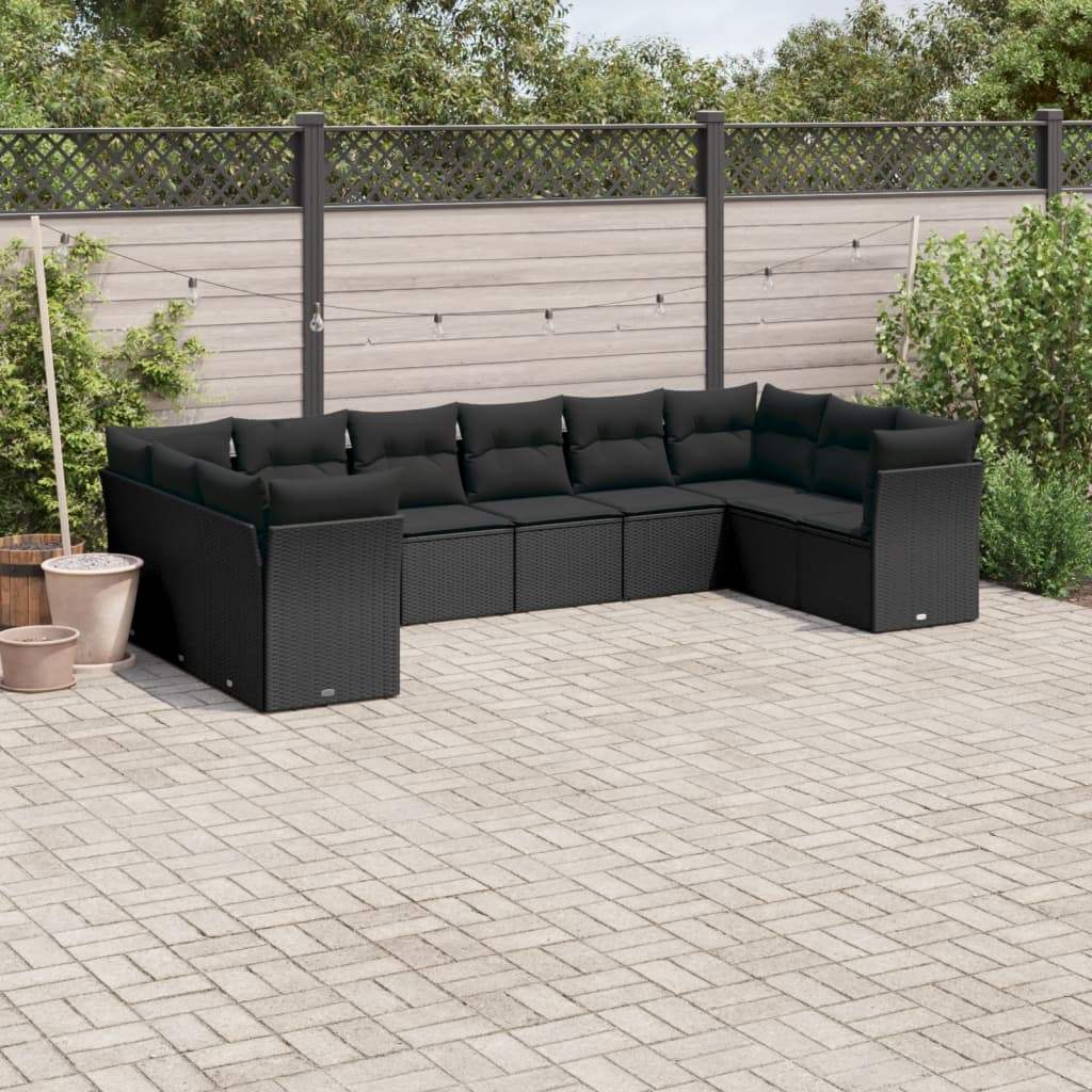 Set Divani da Giardino 10pz con Cuscini in Polyrattan Nero - homemem39