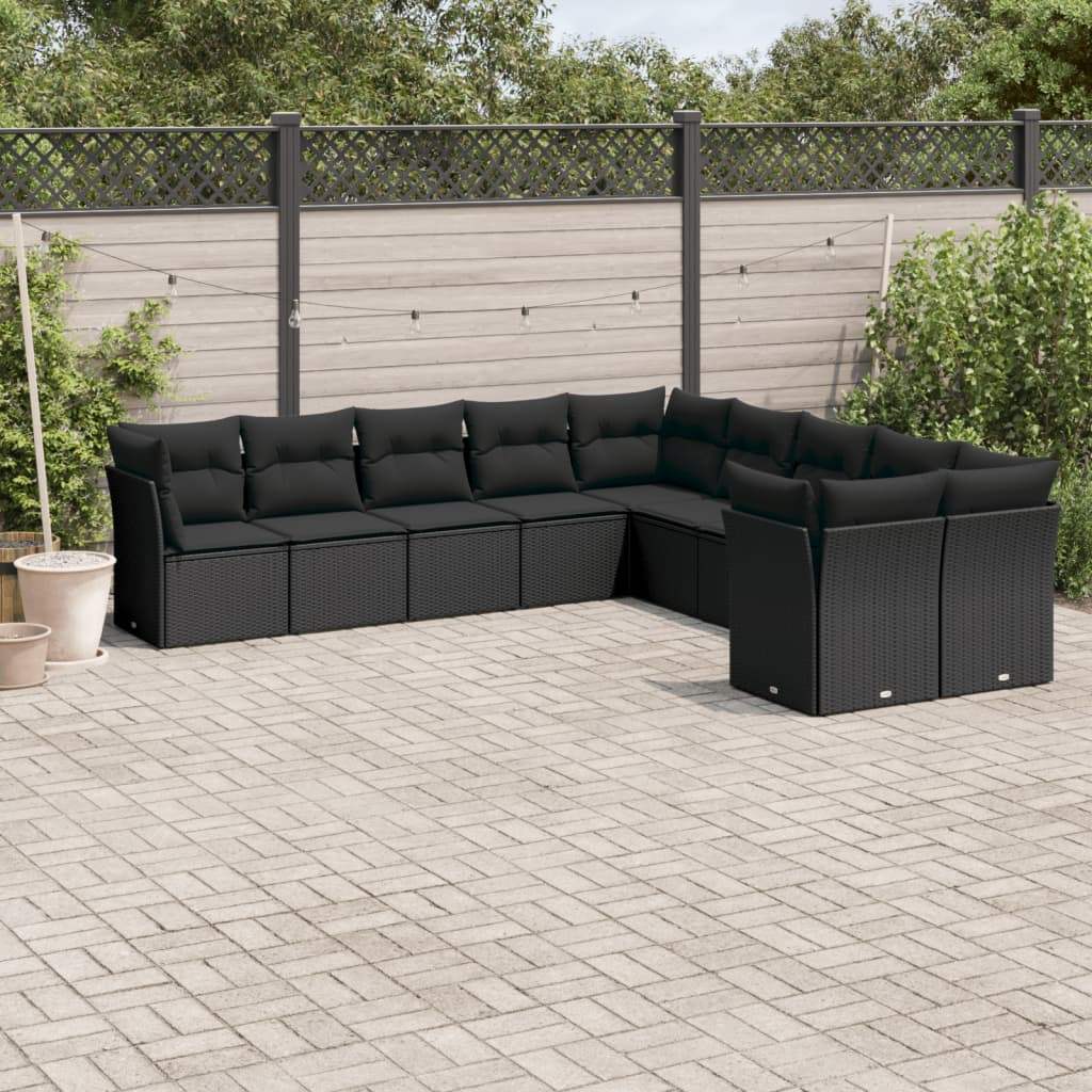 Set Divani da Giardino 10pz con Cuscini in Polyrattan Nero - homemem39