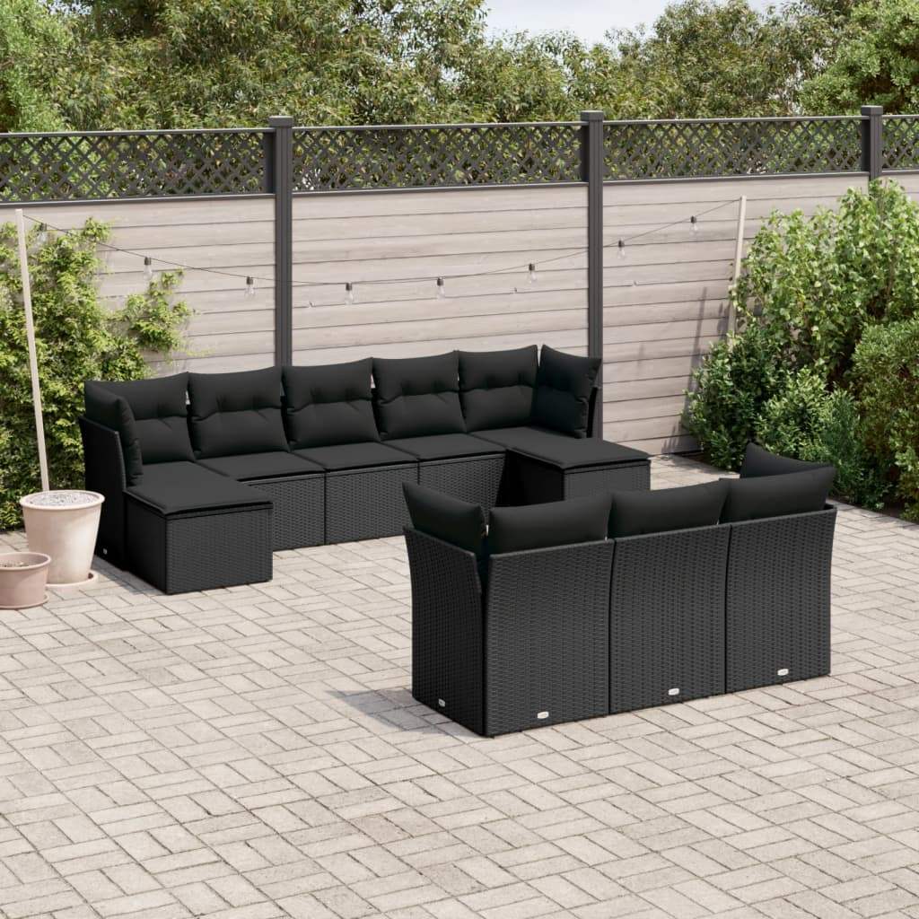 Set Divani da Giardino 10pz con Cuscini in Polyrattan Nero - homemem39