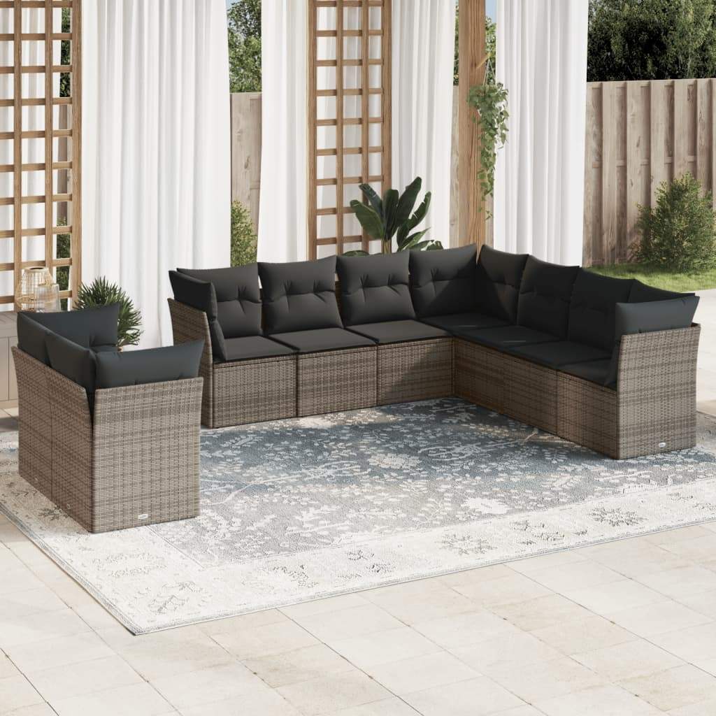 Set Divano da Giardino 9 pz con Cuscini Grigio in Polyrattan - homemem39