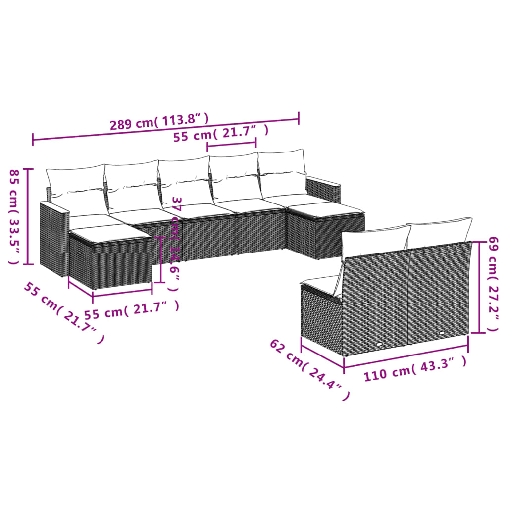 Set Divano da Giardino 9 pz con Cuscini Grigio in Polyrattan - homemem39