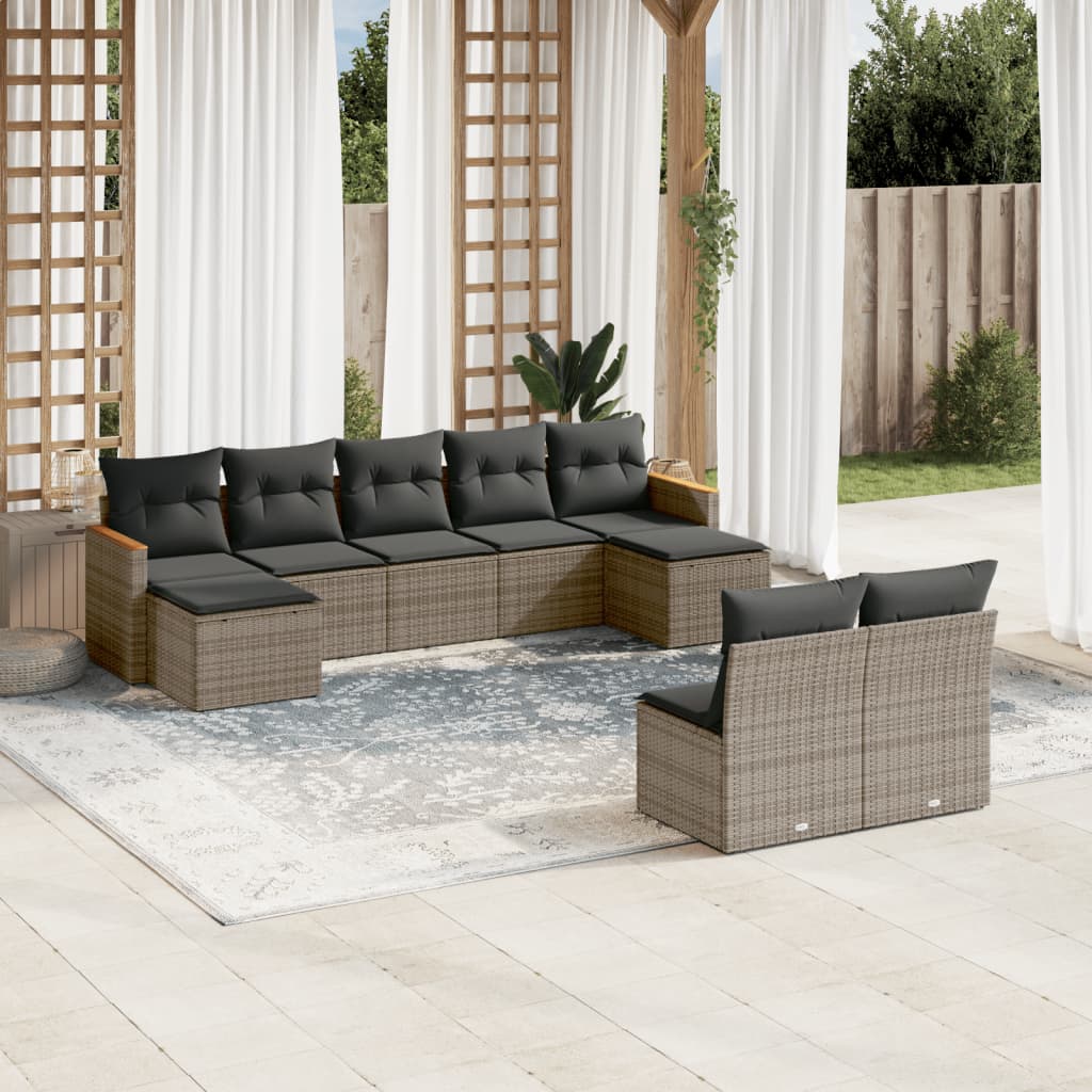 Set Divano da Giardino 9 pz con Cuscini Grigio in Polyrattan - homemem39