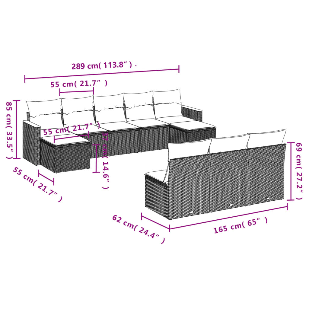 Set Divano da Giardino 10 pz con Cuscini Grigio in Polyrattan - homemem39