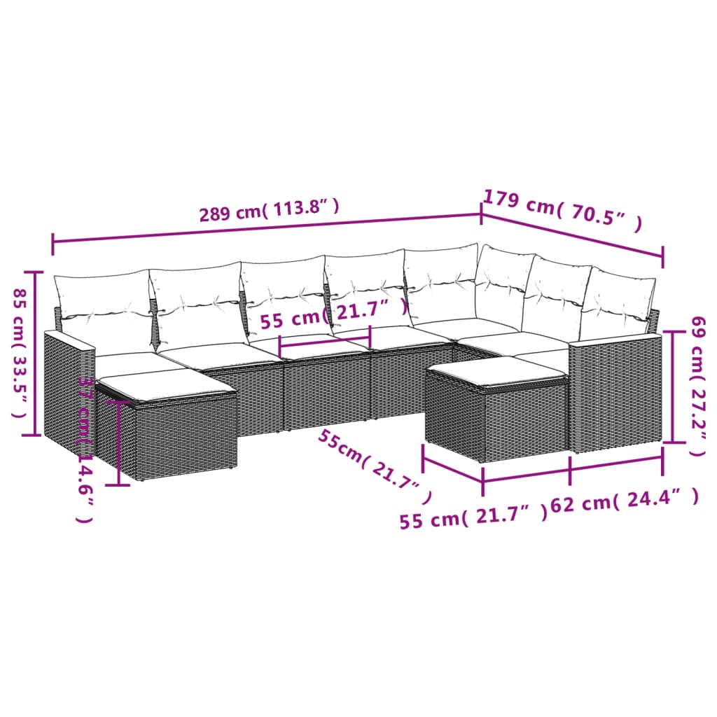 Set Divano da Giardino 9 pz con Cuscini Grigio in Polyrattan - homemem39