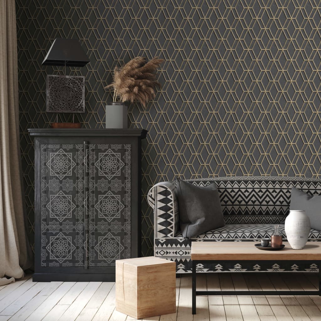 DUTCH WALLCOVERINGS Carta da Parati Design Esagonale Nero e Oro - homemem39