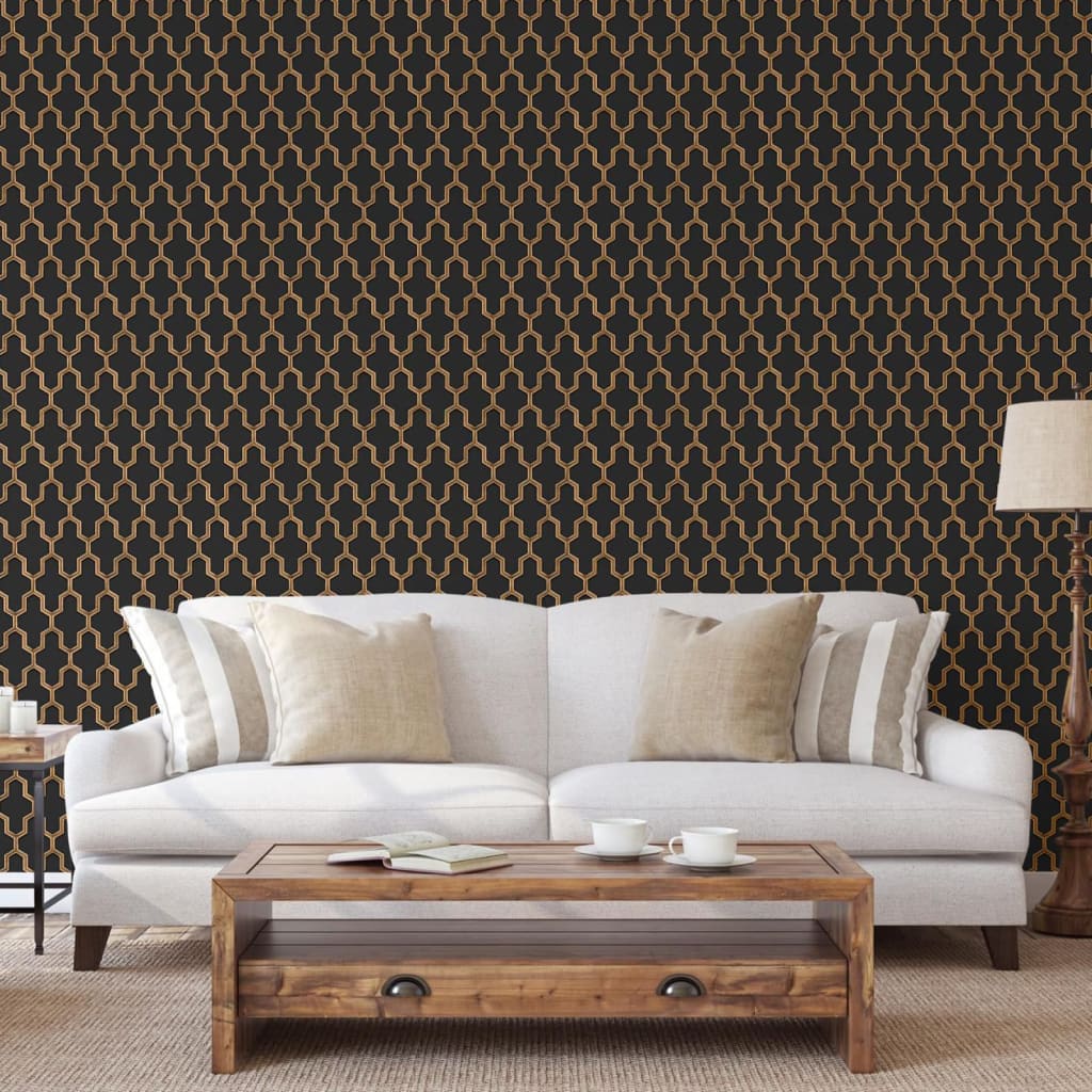 DUTCH WALLCOVERINGS Carta da Parati Geometric Nero e Oro - homemem39