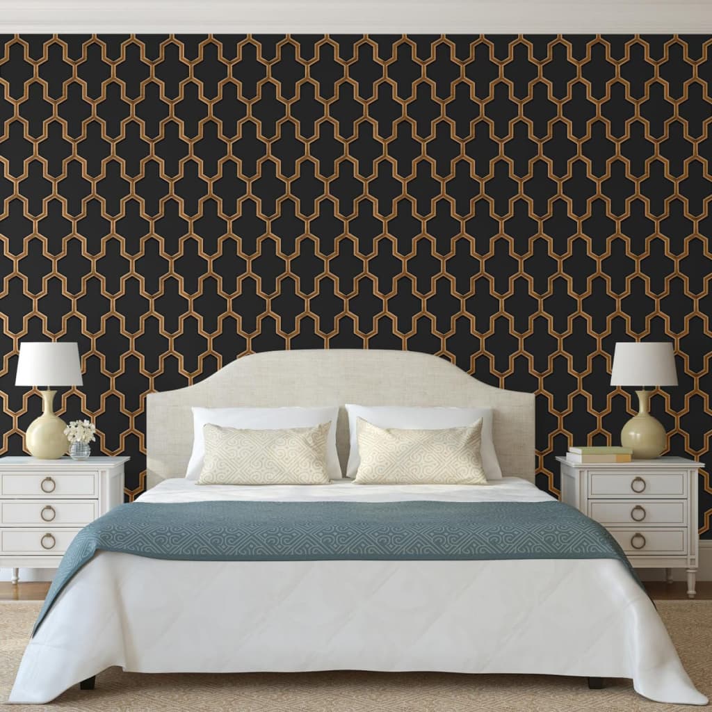 DUTCH WALLCOVERINGS Carta da Parati Geometric Nero e Oro - homemem39